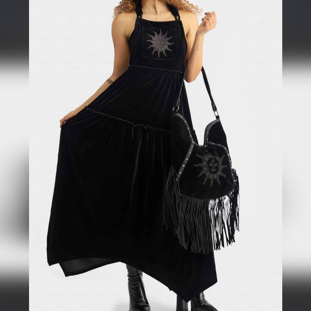Killstar Black Velvet Maxi Dress with Sun Design - Picture 4 of 11